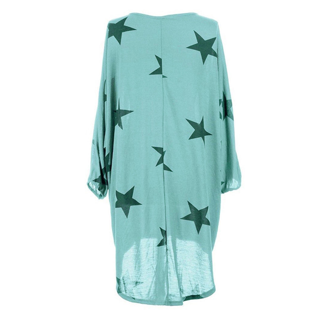 Stars Print Long Sleeve Round Neck Women Spring Loose Long T-shirt Top Dress