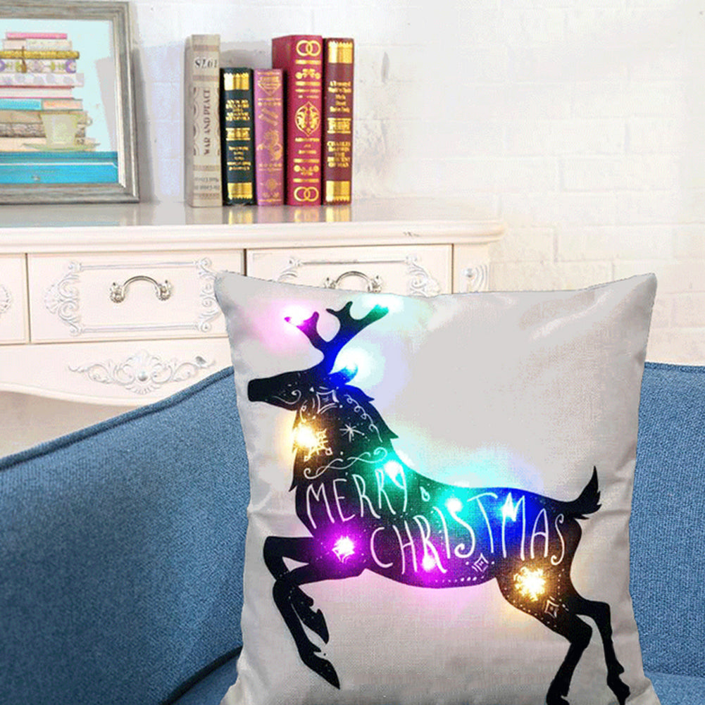Deer Christmas Pillow Case LED Lighting Linen Cushion Cover Sofa Home Decor