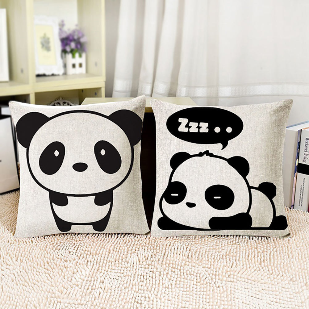 Cartoon Panda Print Linen Square Pillow Case Cushion Throw Cover Home Sofa Decor