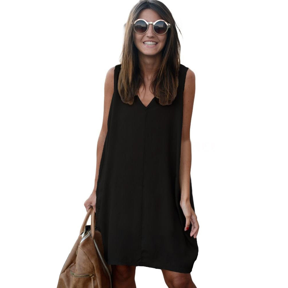 Summer Casual Loose Tank Vest V-Neck Sleeveless Women Solid Color Mini Dress