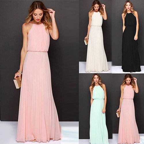 Sexy Elegant Women Chiffon Pleated Sleeveless Maxi Long Party Beach Prom Dress 