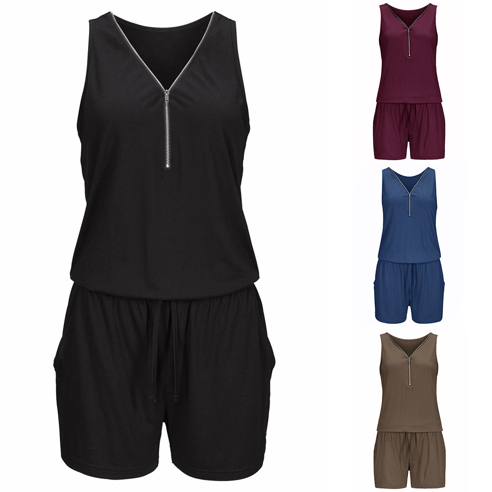 Sexy Women Beach Zipper V-Neck Sleeveless Slim Jumpsuit Romper Playsuit Shorts