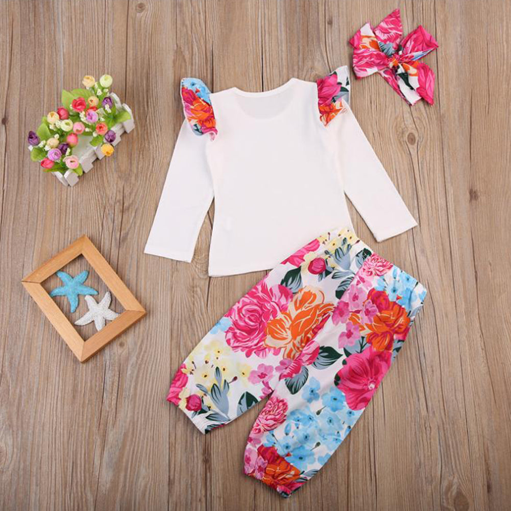 Newborn Baby Girl 3 Pcs Outfit Flower T-shirt Floral Pants Bowknot Hairband Set