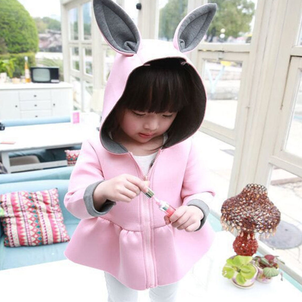 Kid Girls Cute Rabbit Ear Hoodies Coat Casual Long Sleeve Top Zipper Outwear