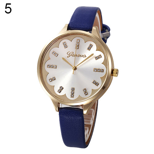 Hot Women Flower Dial Rhinestone Geneva Wristwatch Slim Faux Leather Band Watch
