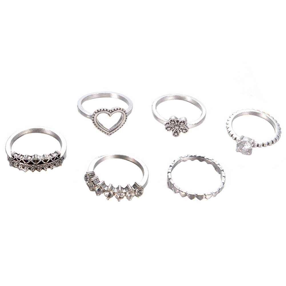 6Pcs/Set Fashion Heart Flower Rhinestone Knuckle Finger Rings Women Jewelry Gift