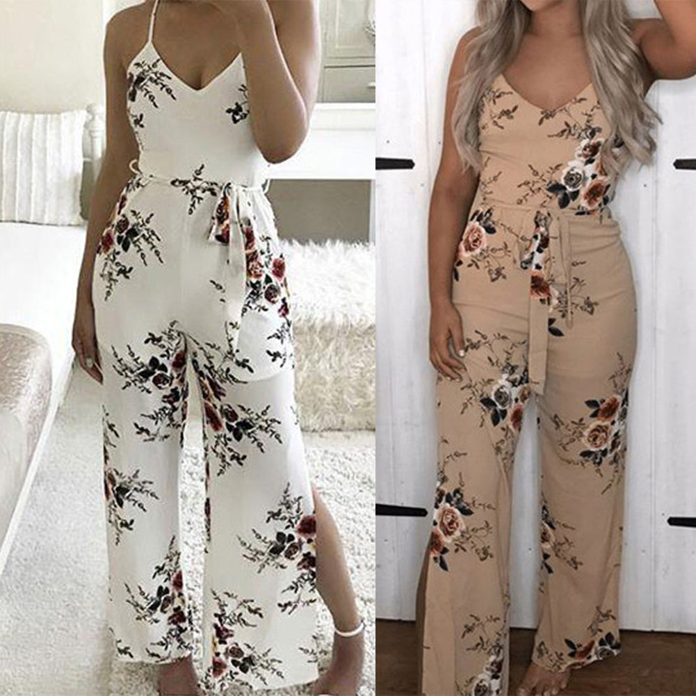 Women Sexy Long Pants Sleeveless Spaghetti Strap Jumpsuit Romper With Belt