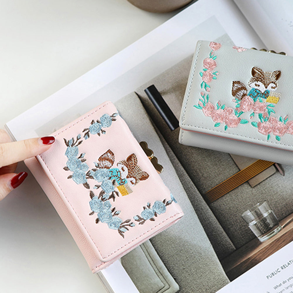 Lovely Faux Leather Little Fox Floral Embroidery Short Wallet Women Purse Gift
