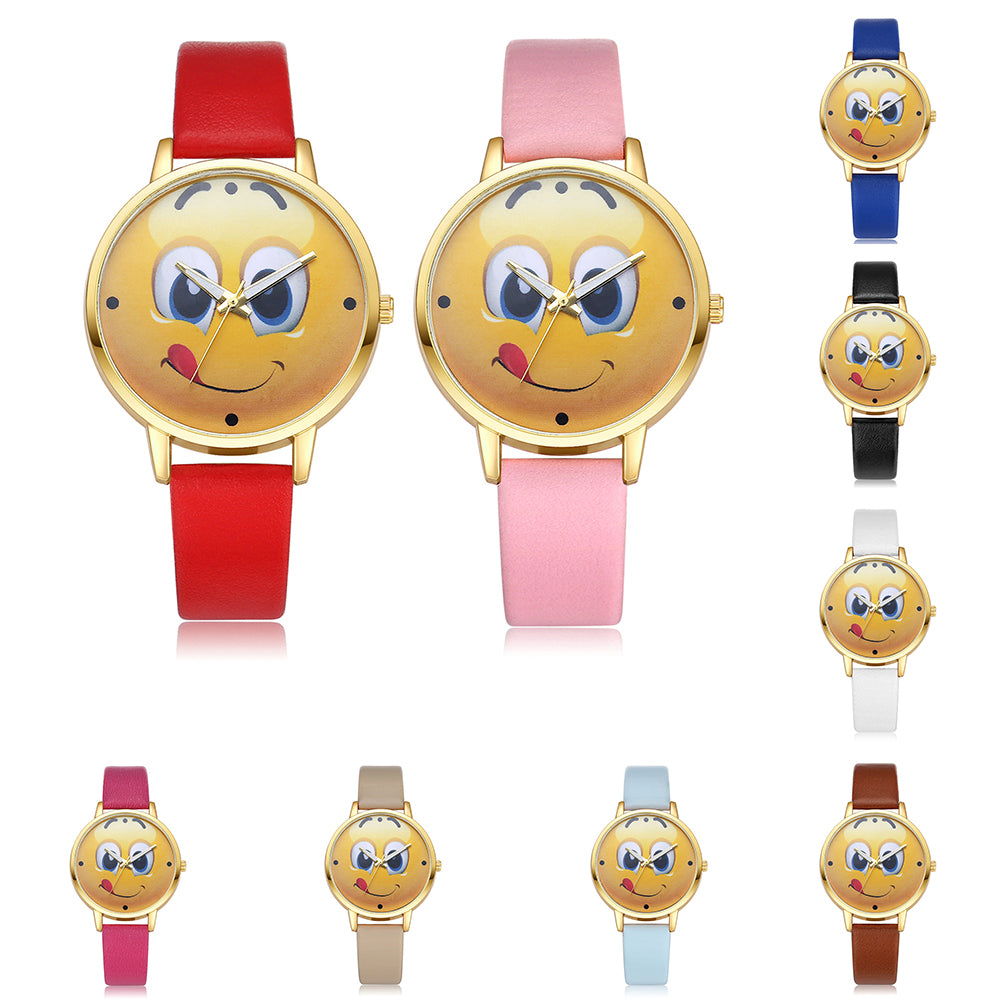 Lady Stylish Lovely Greedy Face Emoji Faux Leather Band Analog Wrist Watch