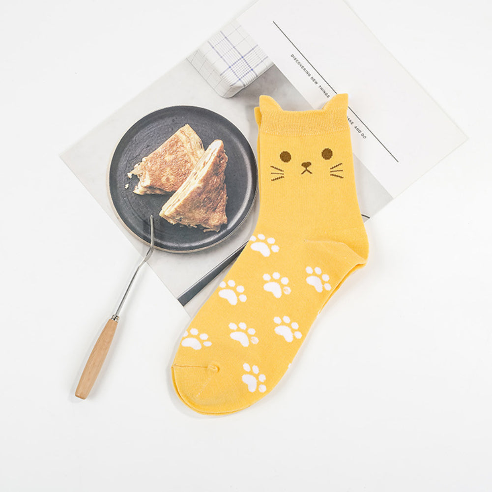 Lovely Candy Color Cartoon Cat Paw Print Women Cotton Soft Warm Short Socks